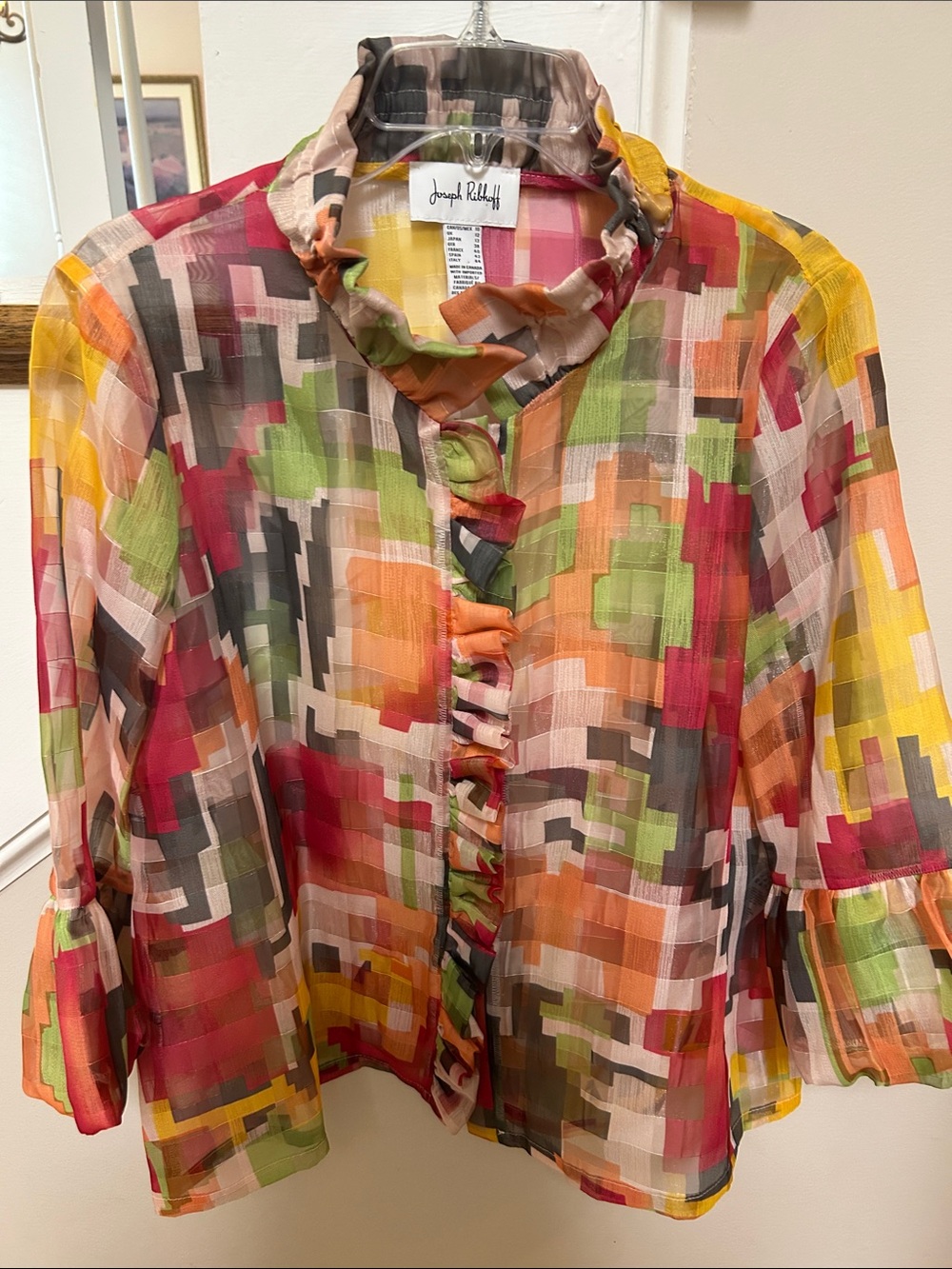 Joseph Ribkoff Size 10 Pixelated Geometric Ruffle-Front Sheer Blouse - Picture 5 of 16